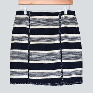 BANANA REPUBLIC Tweed Mini Skirt Navy Blue White Stripe Fringe Trim NWT Size 6